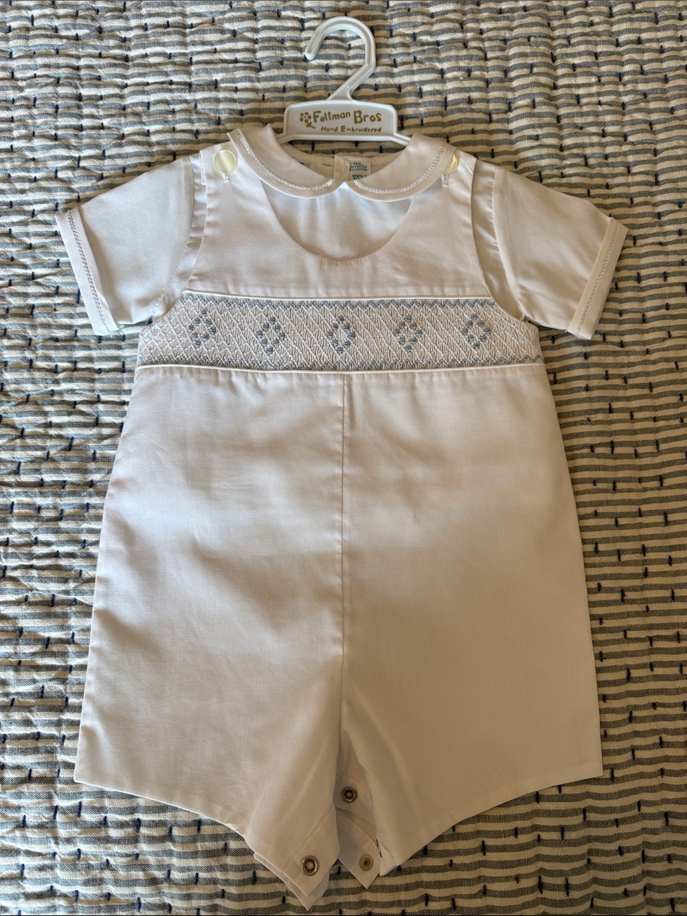 Feltman brothers White Smocked Baby Shortall with Subtle Blue Embroidery